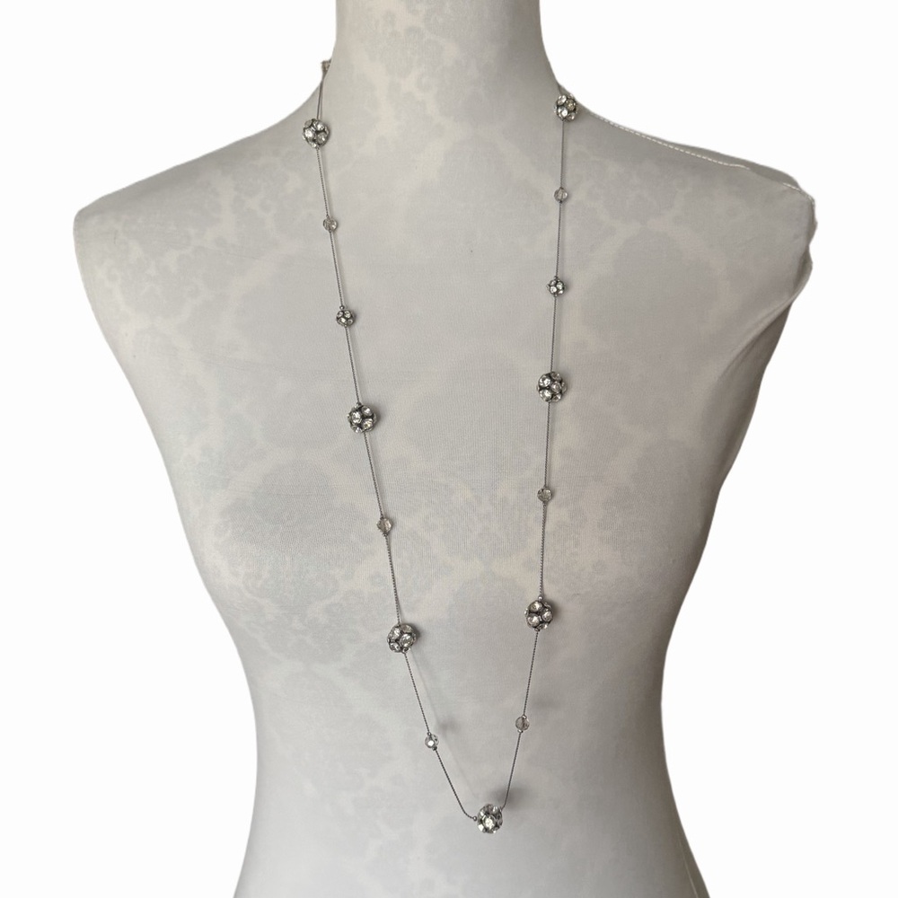 Silver Tone Station Necklace with Crystal Rhinestone Beads | Layering Necklace